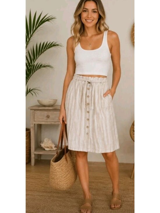 DASH Dresses & Skirts - Womens Linen Blend Skirt Casual Beach Vacation Striped Tan White  Pockets Large